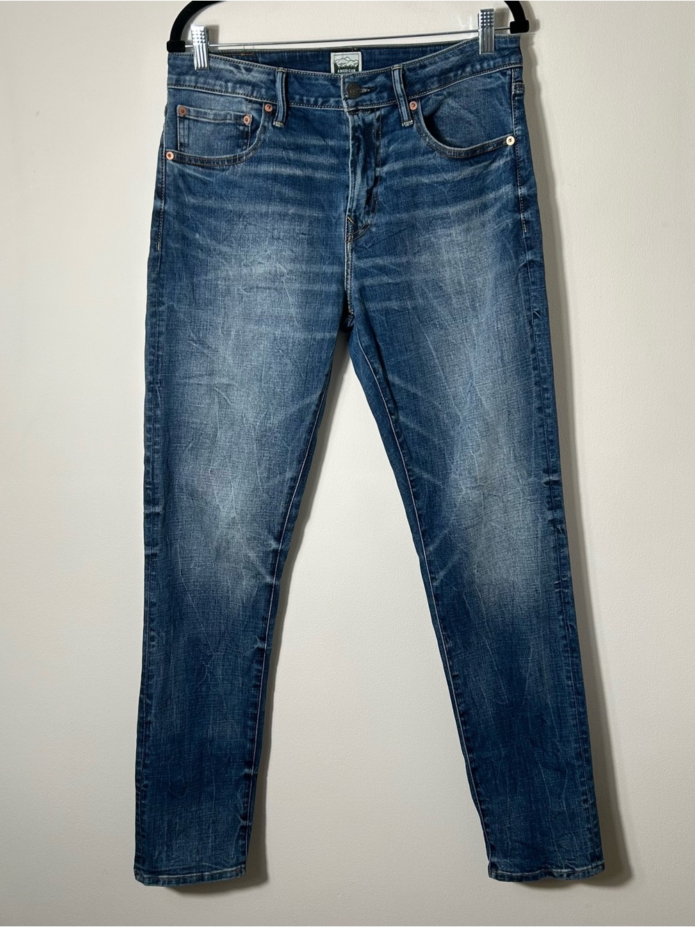 American Eagle Athletic Fit Jeans Mens 32X32 Blue Denim Stretch Plaid Lined